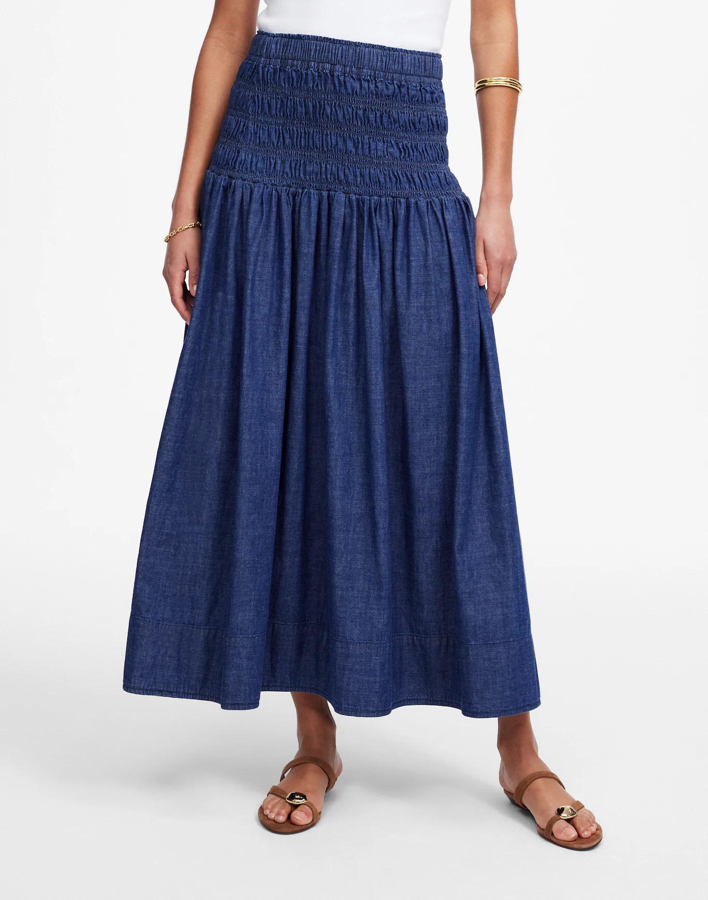 Smocked-Waist Denim Midi Skirt Product Image