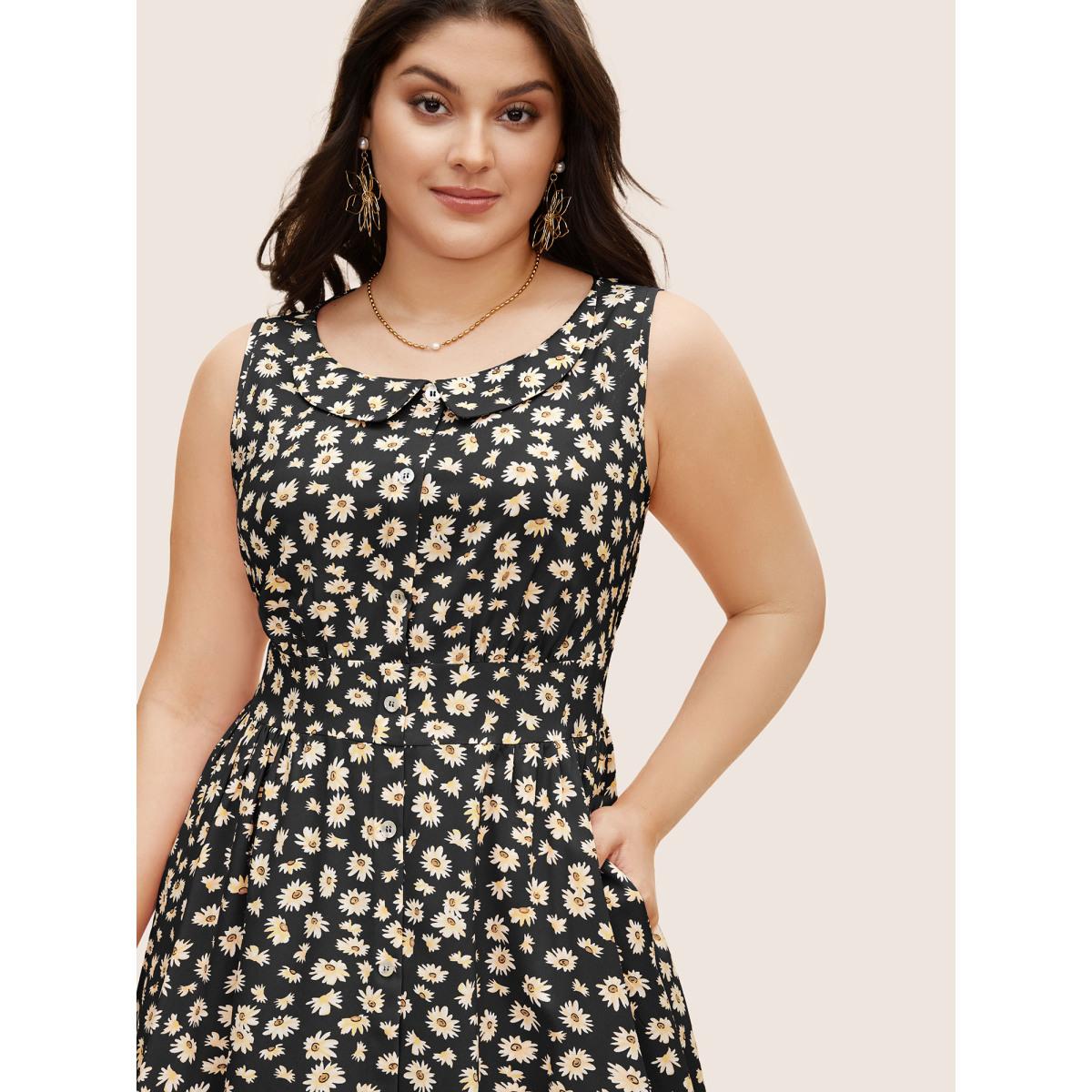 Plus Size Collared Daisy Midi Dress Black Women Elegant Gathered Lapel Collar Sleeveless Curvy BloomChic 30/6X Product Image
