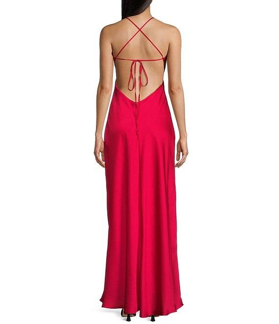 B. Darlin Bubble Satin V-Neck Spaghetti Strap Criss Cross Back Long Dress Product Image