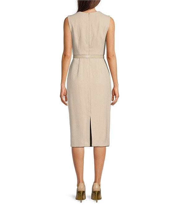 Donna Karan Tweed Square Neck Sleeveless Belted Sheath Midi Dress Product Image