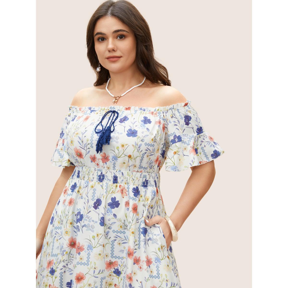 Plus Size Floral One Shoulder Neck Shirred Tassel Dress White Women Resort Tie knot One-shoulder neck Short sleeve Curvy BloomChic 26/4X Product Image