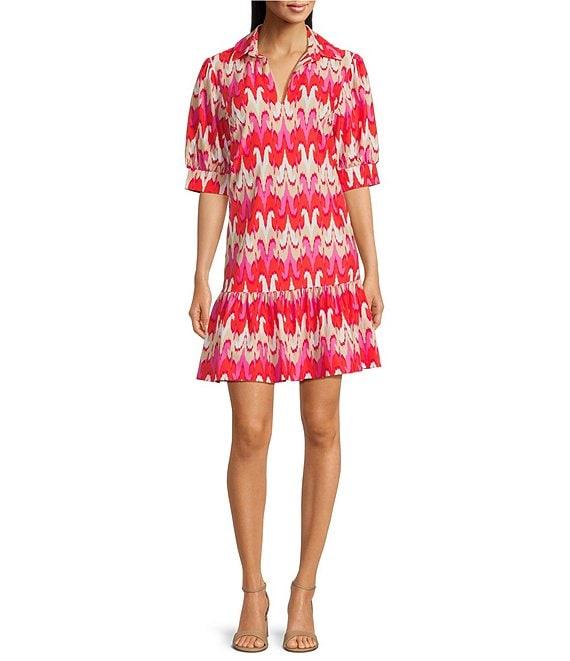 Jude Connally Tierney Paradise Print Knit Point Collar V-Neck Short Puff Sleeve Drop Waist Flounce Hem Dress Product Image