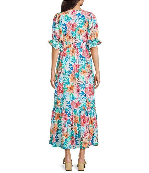Calessa Italian Floral Print V-Neck Short Sleeve Tiered Pull-On Shift Midi Dress Product Image