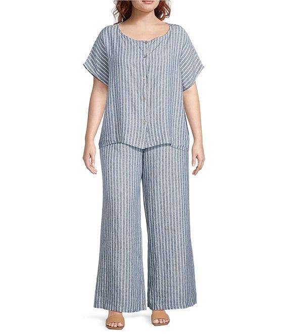 Bryn Walker Plus Stripe Linen Flat Front Elastic Waist Wide Leg Coordinating Pants Product Image