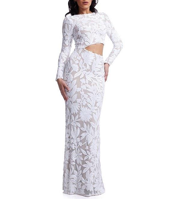 Dress the Population Candace Floral Sequin Mesh Round Neck Long Sleeve Cutout Gown Product Image