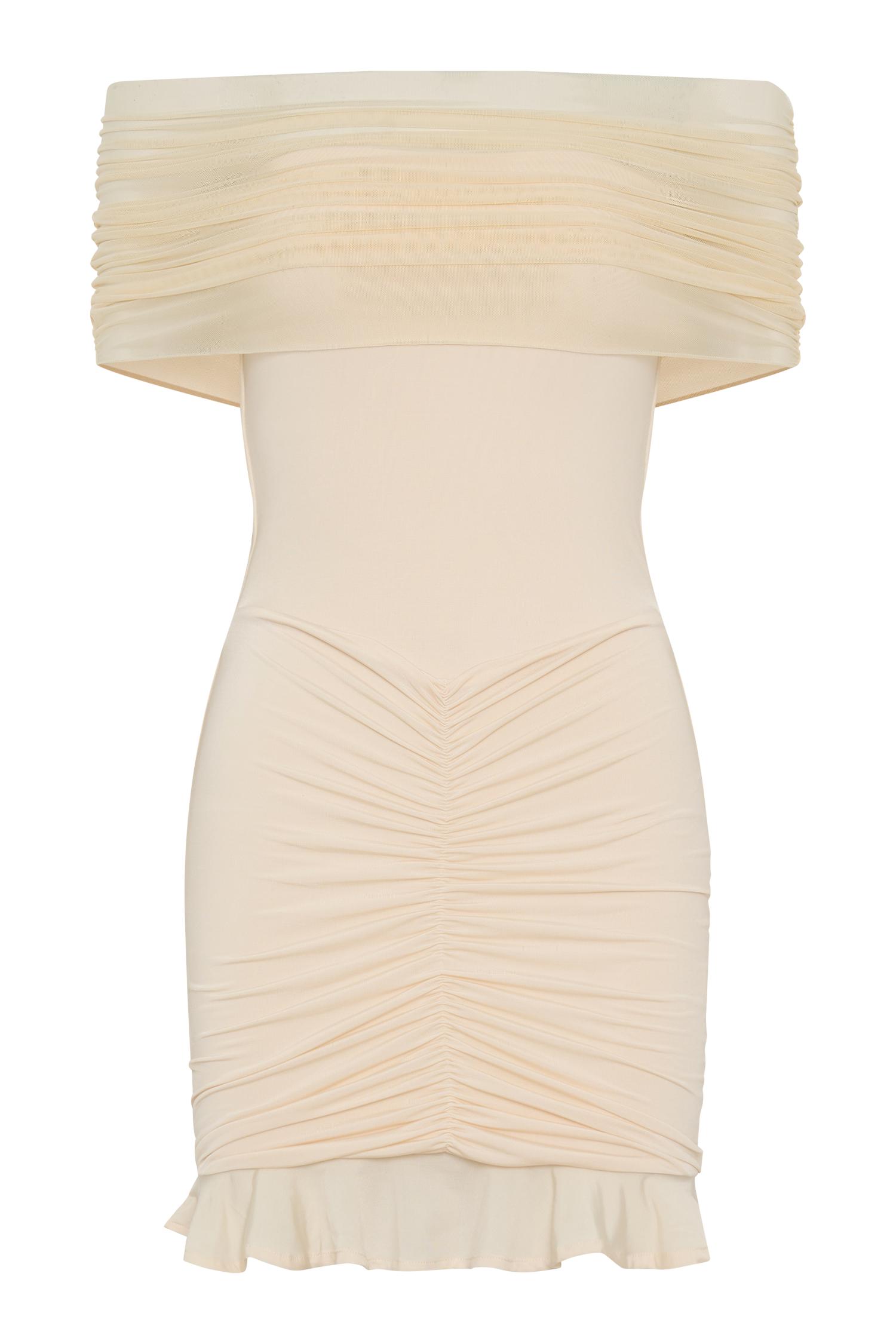 Caspian Slinky And Mesh Off Shoulder Mini Dress - Ivory Product Image