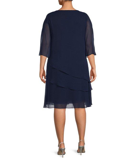 Marina Plus Size 3/4 Split Sleeve Round Keyhole Neck Tiered Chiffon Dress Product Image