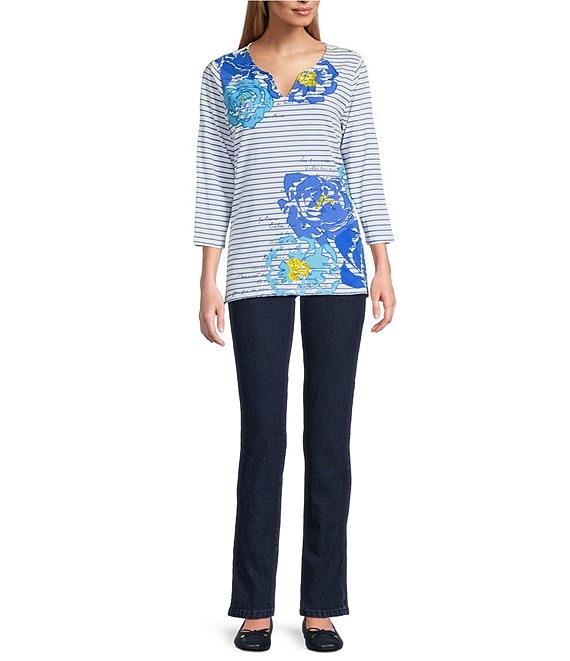 Ruby Rd. Knit Floral Embroidered Split Neck 3/4 Sleeve Top Product Image