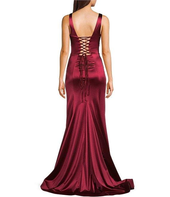 Honey and Rosie Sateen V-Neck Sleeveless Lace Up Back Pleated Dress Product Image