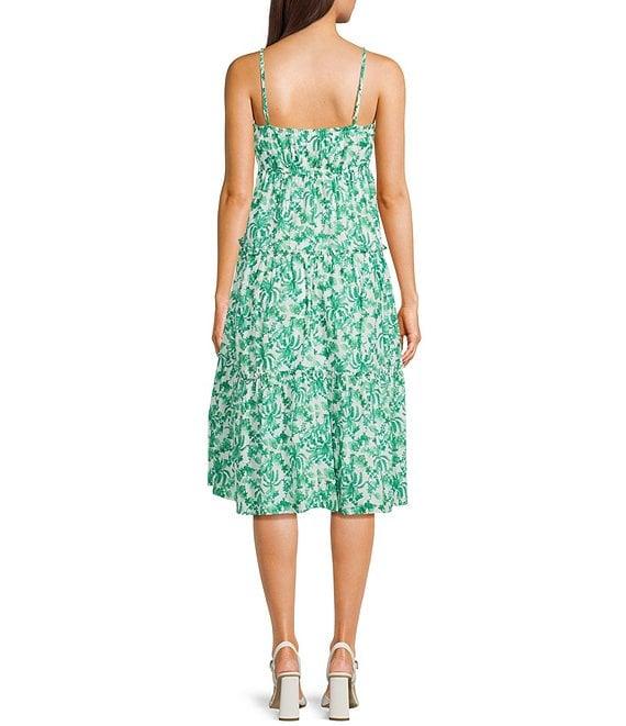 City Vibe Sleeveless Tropical Print Shirred Bandeau Bodice Empire Waist Midi Dress Product Image