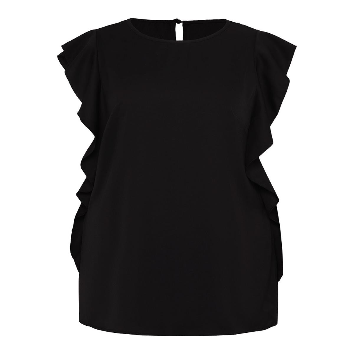 Plus Size Black Solid Crew Neck Ruffle Trim Blouse Women Office Cap Sleeve Round Neck Work Blouses BloomChic 26/4X Product Image