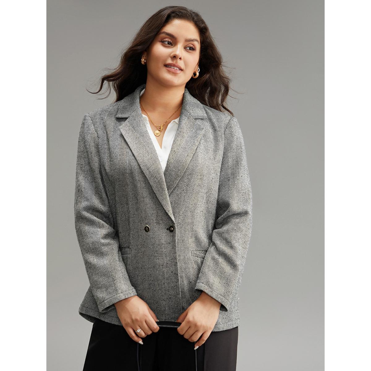 Plus Size Geo Striped Patched Pocket Button Down Blazer Gray Women Office Geometric Texture Sleeve Long Sleeve Suit Collar 28/5X Pocket Office Blazers BloomChic Product Image