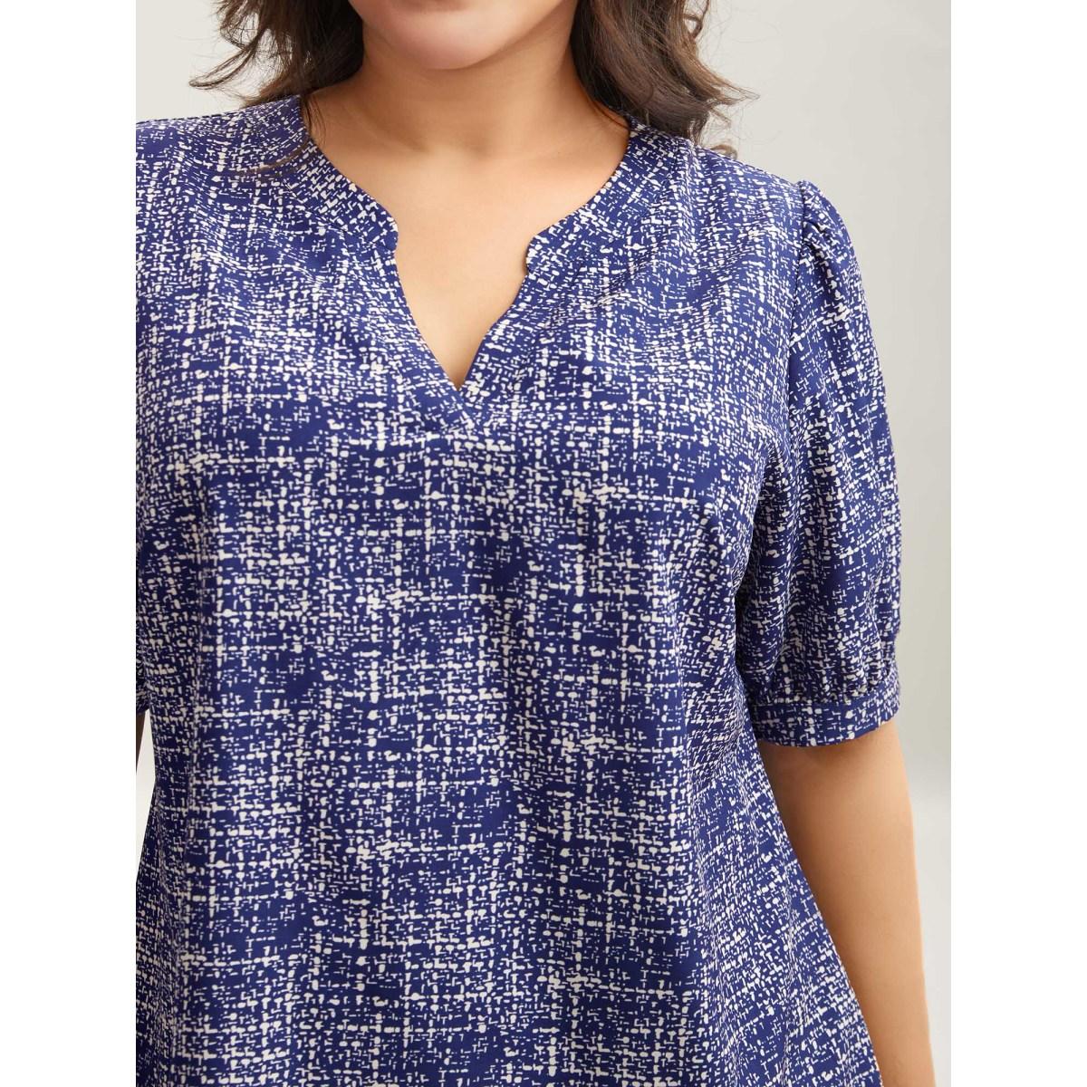Plus Size DarkBlue Geometric Print Puff Sleeve Blouse Women Office Short sleeve Flat collar with V-notch Office Blouses BloomChic 14-16/1X Product Image