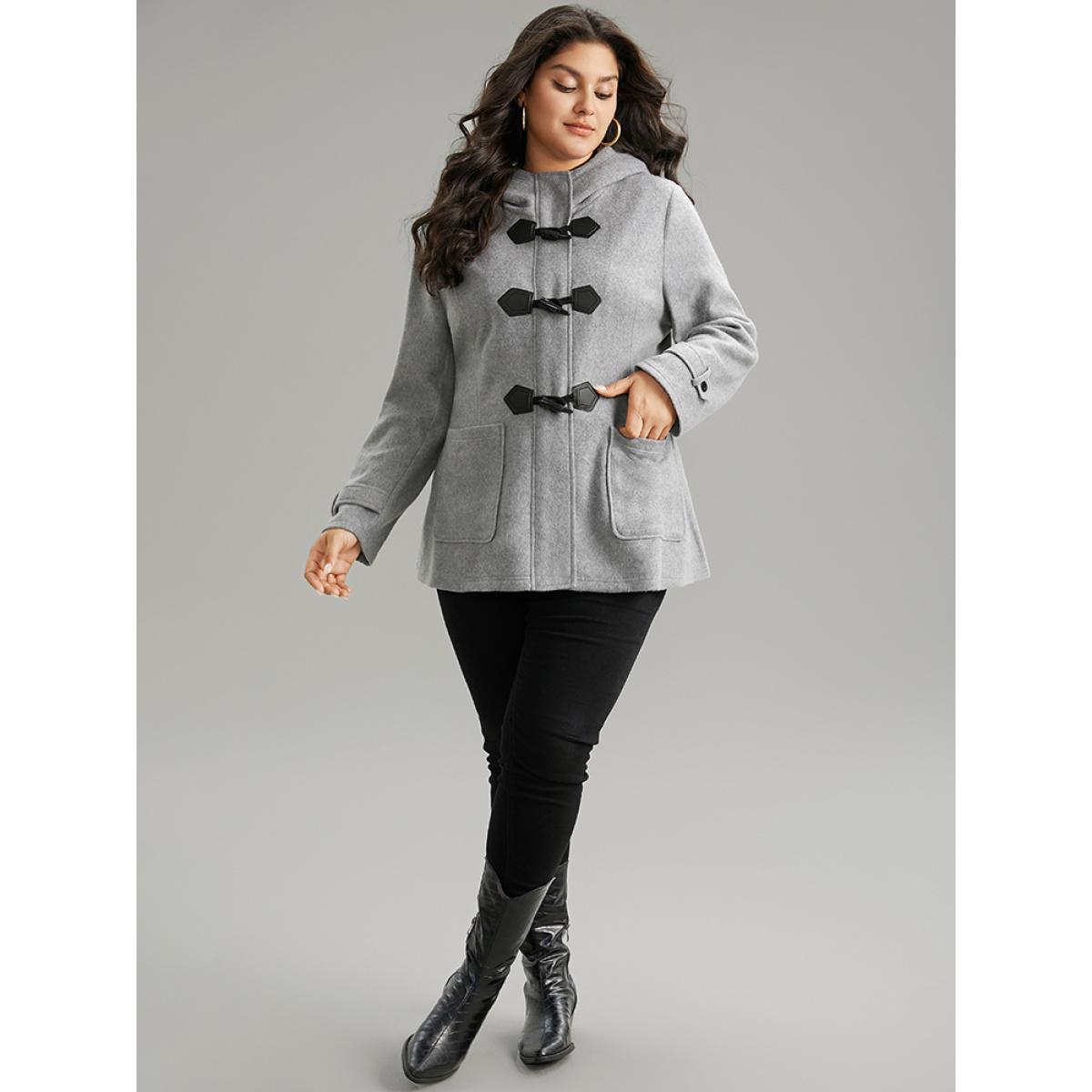 Plus Size Solid Duffle Button Pocket Hooded Coat Women DimGray Casual Plain Ladies Dailywear Winter Coats BloomChic 18-20/2X Product Image