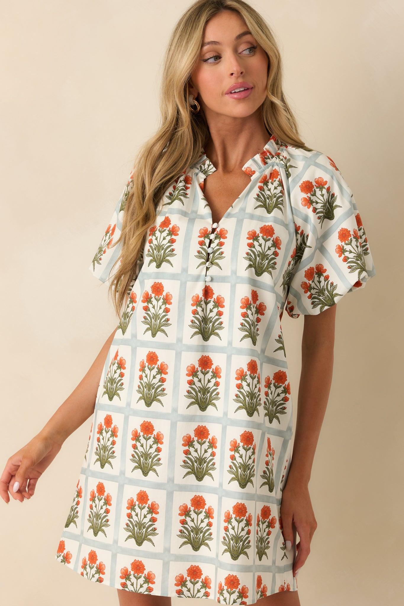 Staying Hopeful Orange Geometric Floral Print Cotton Mini Dress Product Image