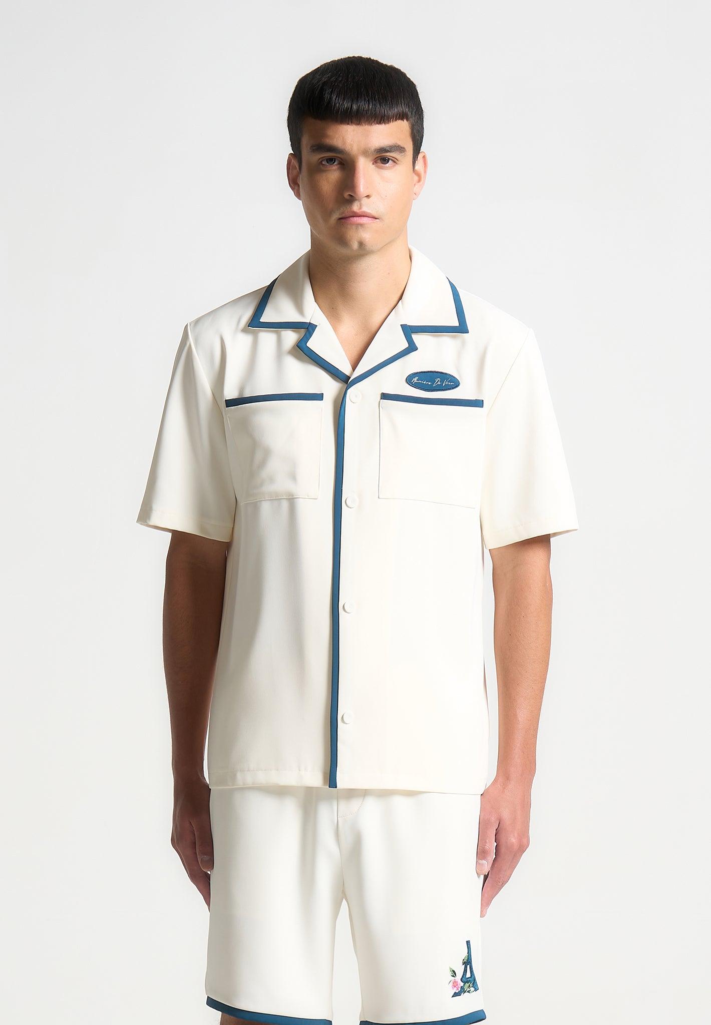 Owen - Velvet Eiffel Bowling Shirt - Cream/Blue Male Product Image