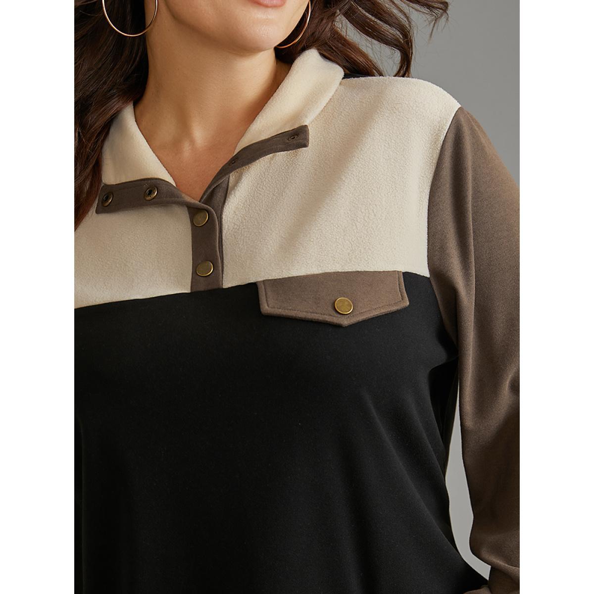 Plus Size Contrast Patchwork Button Up Flap Detail Sweatshirt Women Black Casual Contrast Lapel Collar Dailywear Sweatshirts BloomChic 14-16/1X Product Image