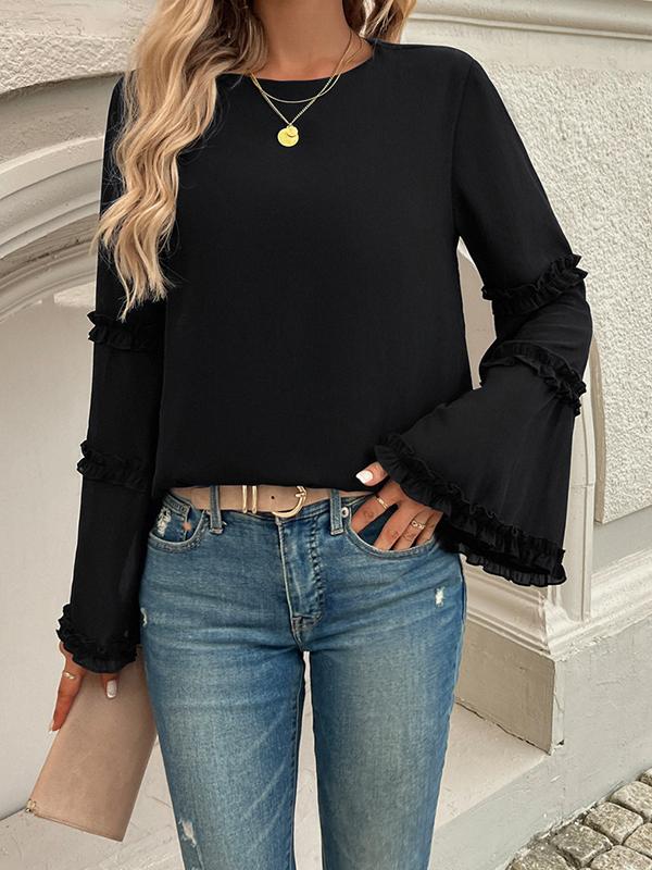 Flared Sleeves Long Sleeves Solid Color Split-Joint Round-Neck T-Shirts Tops Product Image