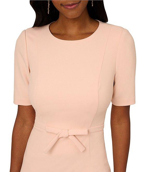 Adrianna Papell Crew Neck Short Sleeve Bow Front Crepe Sheath Dress Product Image