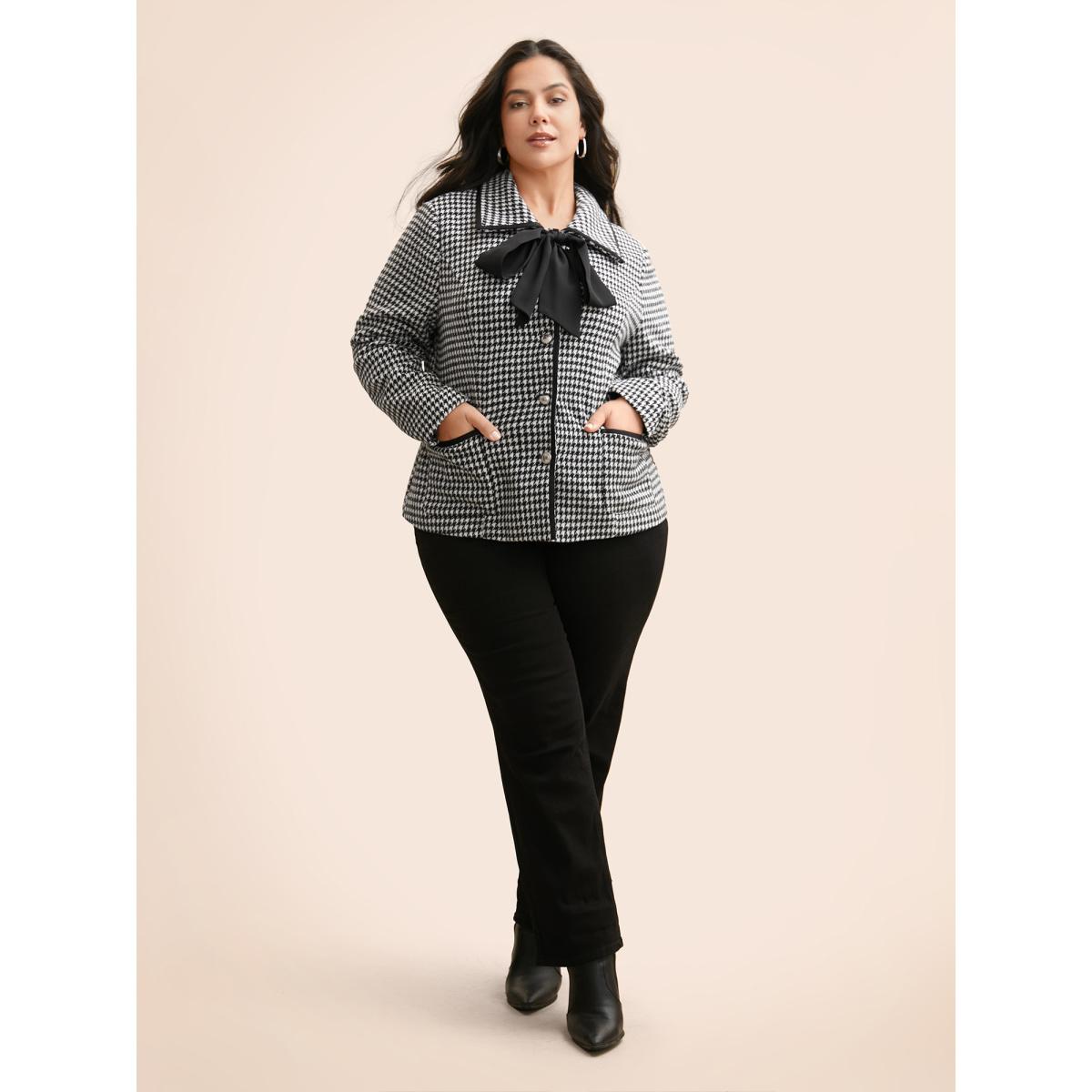 Plus Size Houndstooth Tie Knot Woven Ribbon Jacket Women Black Woven ribbon&lace trim Patch pocket Everyday Jackets BloomChic 18-20/2X Product Image
