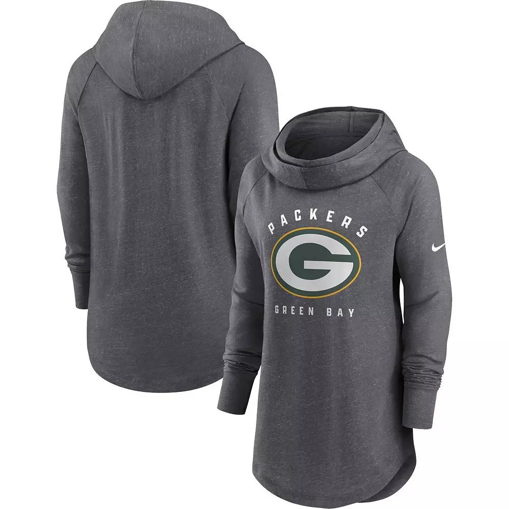 Women's Nike Heather Charcoal Green Bay Packers Raglan Funnel Neck Pullover Hoodie, Size: XS Product Image