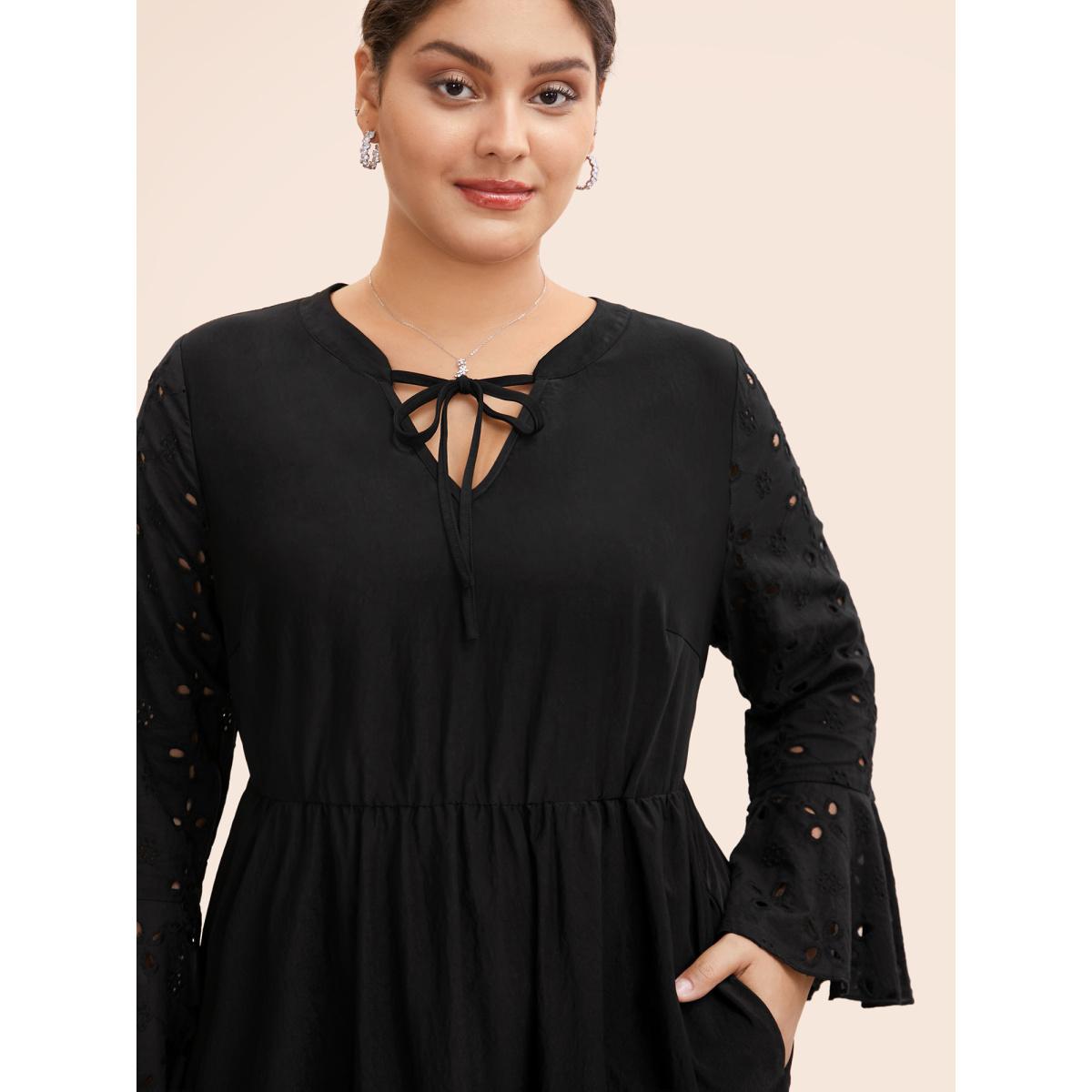 Plus Size Embroidered Flare Cuffs Midi Dress Black Women Resort Woven ribbon&lace trim Notched collar Long Sleeve Curvy BloomChic 14-16/1X Product Image