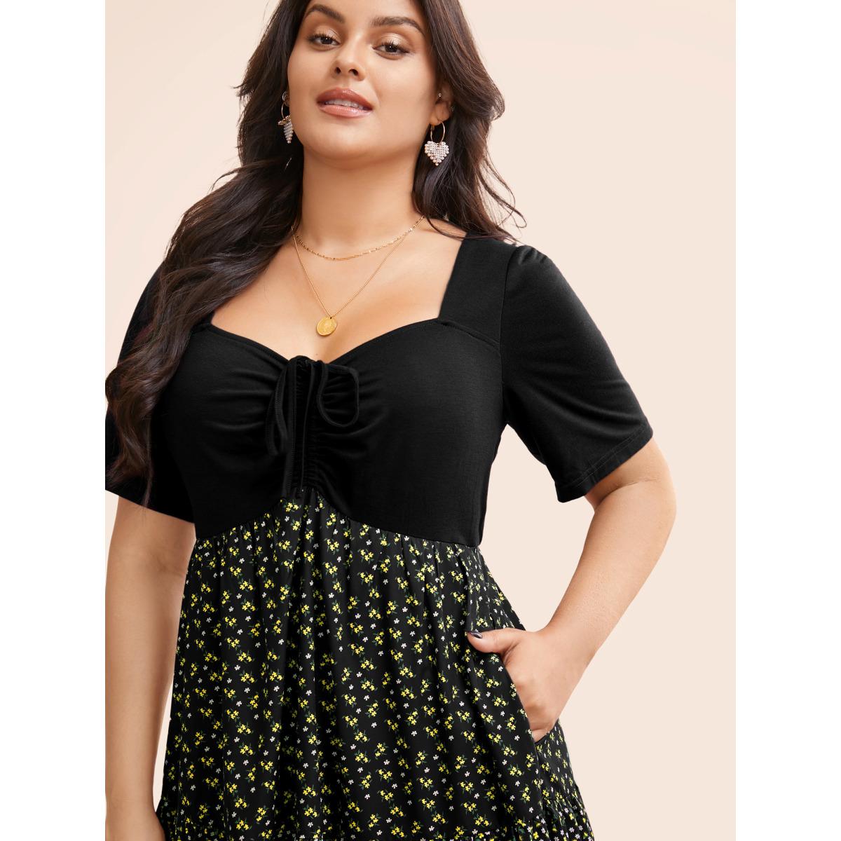 Plus Size Ditsy Floral Patchwork Ruffle Layered Hem Dress Black Women Elegant Patchwork Heart neckline Short sleeve Curvy BloomChic 10/M Product Image