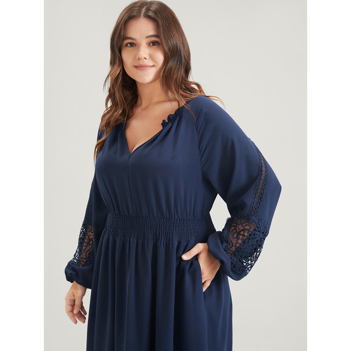 Plus Size Solid Pocket Crochet Lace Lantern Sleeve Ruffle Shirred Midi Dress DarkBlue Women Dating Plain V-neck Long Sleeve Curvy Midi Dress BloomChic 12/L Product Image