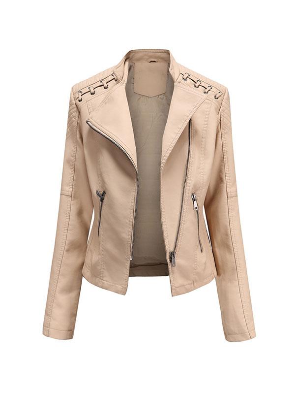 Long Sleeves Split-Joint Zipper Mock Neck PU Jackets Outerwear Product Image