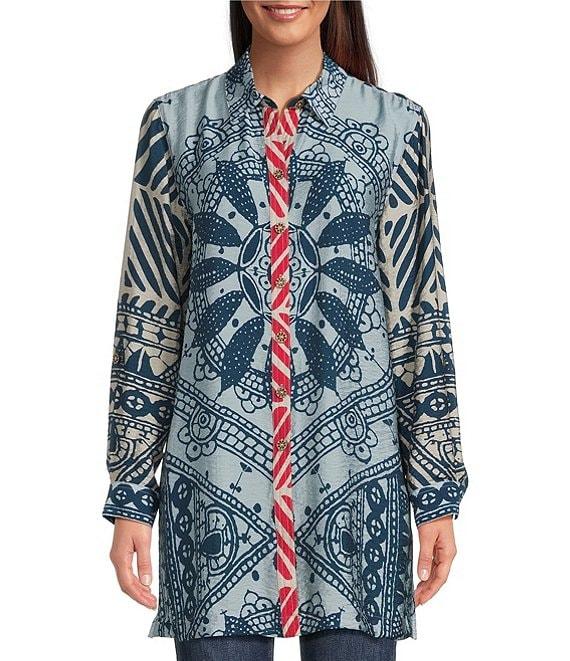 John Mark Medallion Abstract Print Point Collar Long Roll-Tab Sleeve Button Front Tunic Product Image