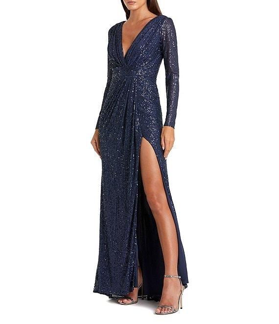 Ieena for Mac Duggal Long Sleeve Deep Surplice V-Neck Sequin Thigh High Slit Gown Product Image