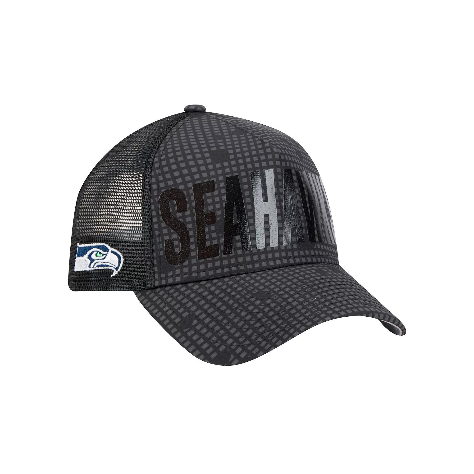 Men's New Era Black Seattle Seahawks  Midnight Ink Tonal Text A-Frame Trucker 9FORTY Adjustable Hat Product Image