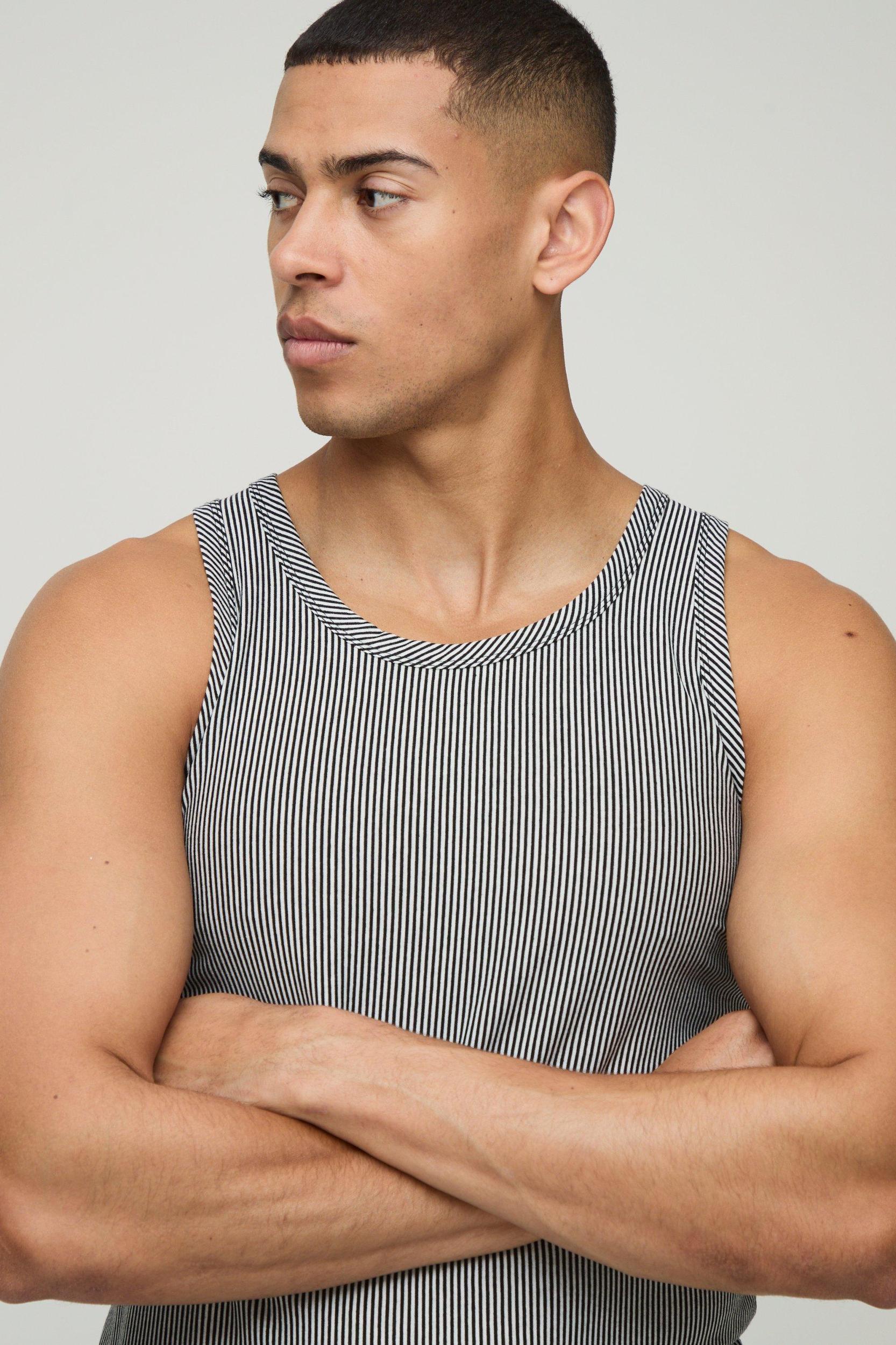 Muscle Fit Two Tone Stripe Undershirt | boohooMAN USA Product Image