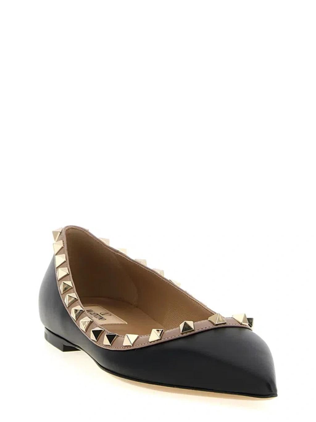 VALENTINO GARAVANI Pointed Toe Studded Trim Flat Sole Ballerina In Black Product Image