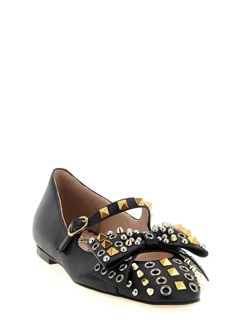 VALENTINO GARAVANI Mary-jane Bowow Ballerina In Kidskin With Studs Woman Black 35 In Multi Product Image