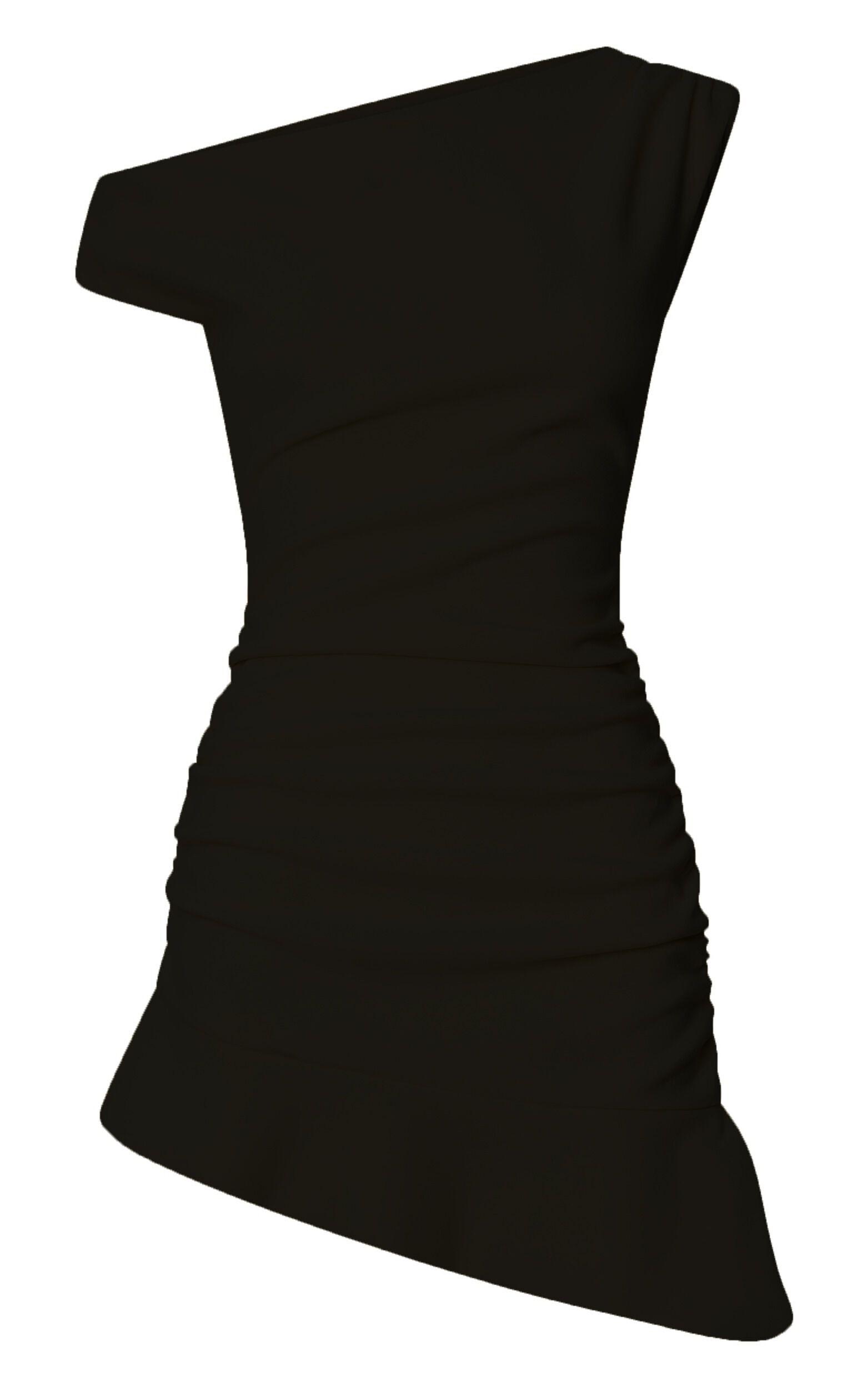 Goldie Mini Dress - Tipped Off Shoulder Cap Sleeve Ruched Fitted Ruffle Hem Skirt Dress in Black Product Image