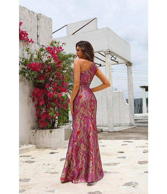 Terani Couture One Shoulder Sleeveless Jacquard Column Gown Product Image