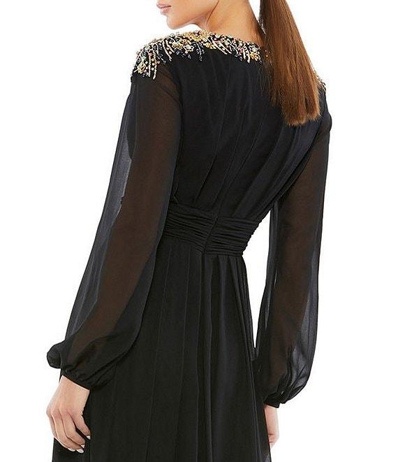 Mac Duggal Long Sleeve Beaded Shoulder Thigh High Slit Surplice V-Neck Chiffon A-Line Gown Product Image