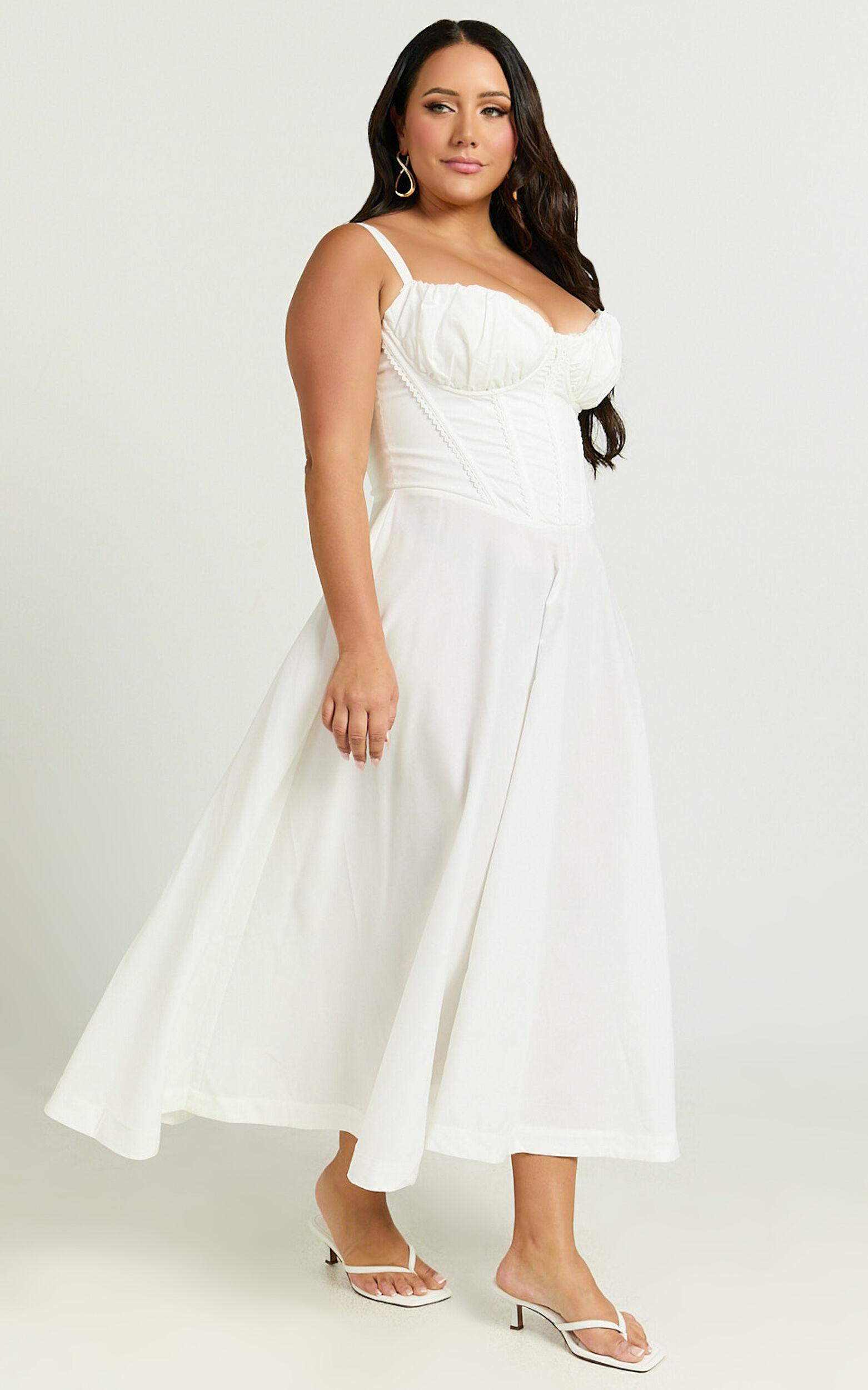 Jonas Midi Dress - Ruched Corset Lace Trim Dress in Ivory Product Image