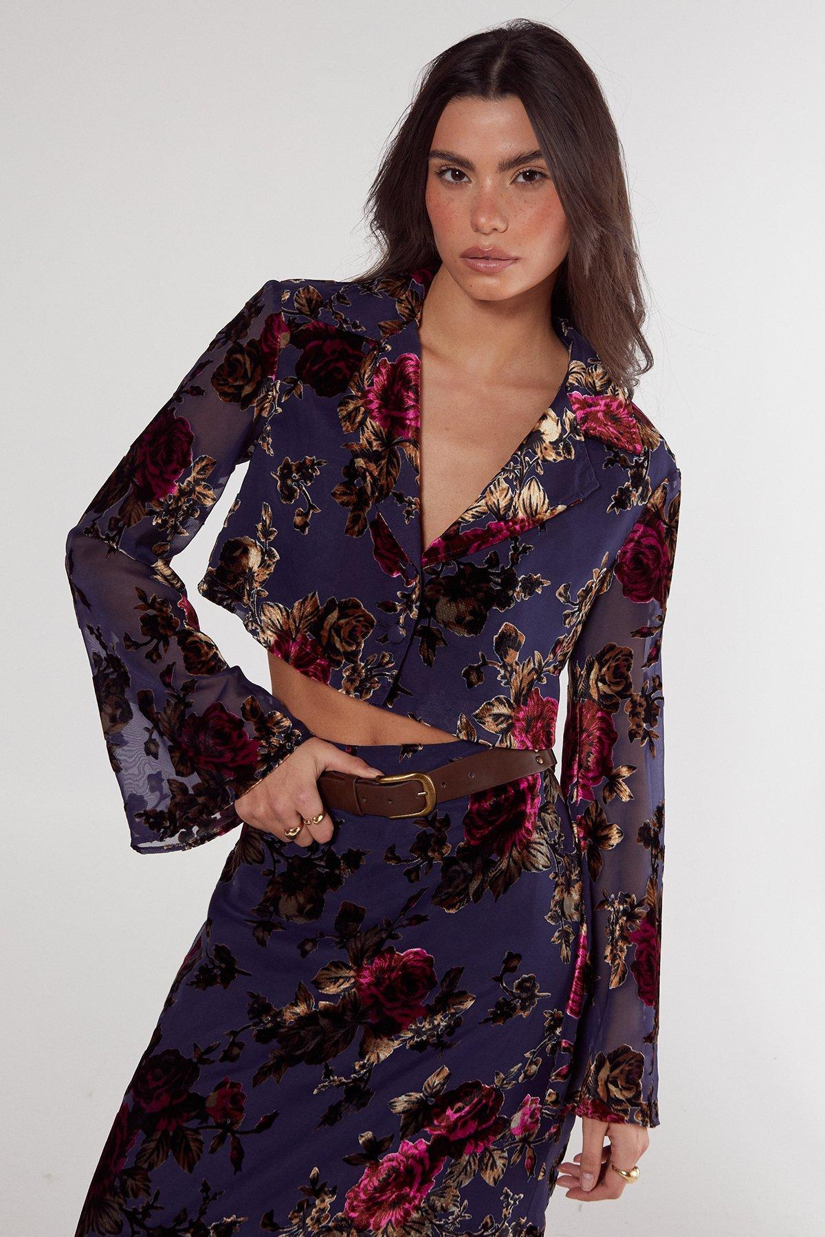 Floral Devore Cropped Shirt Product Image