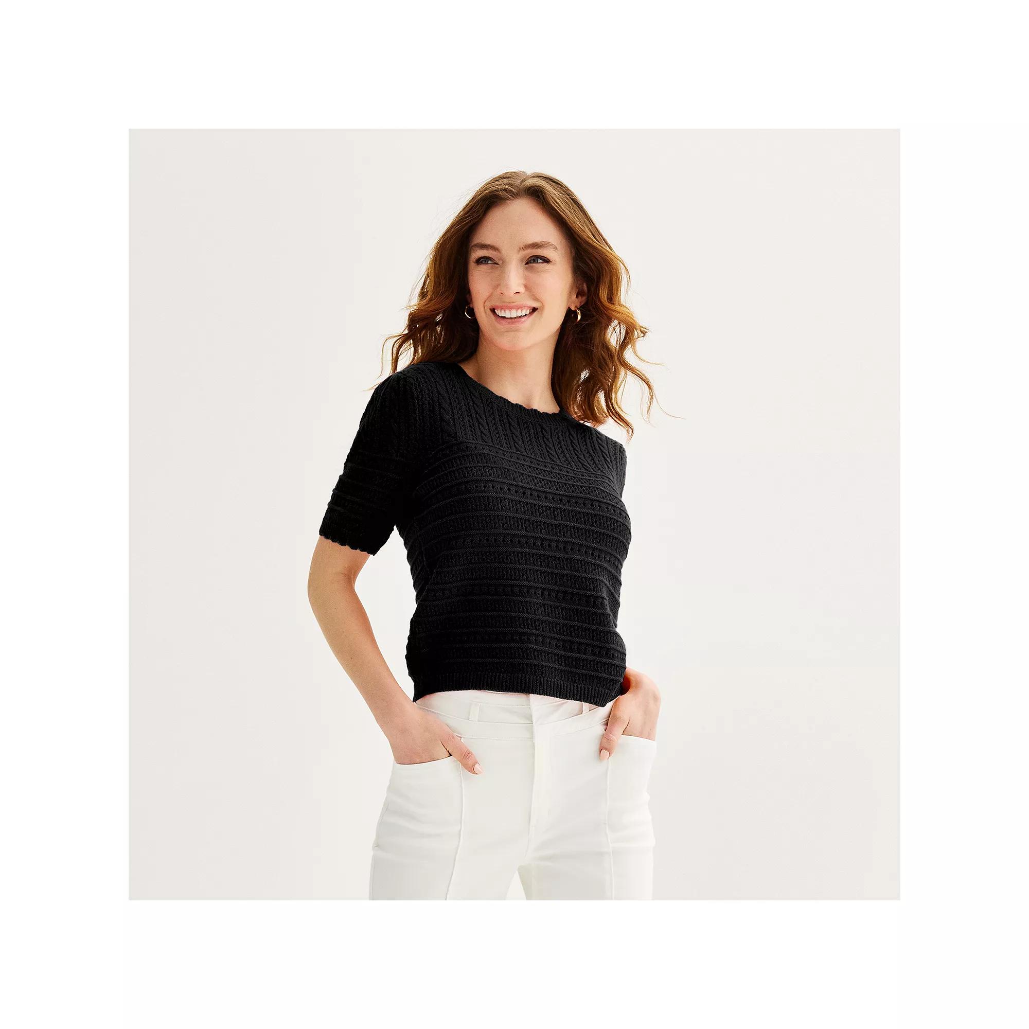 Women's Draper James Short Sleeve Pointelle Sweater, Size: Large, Black Product Image