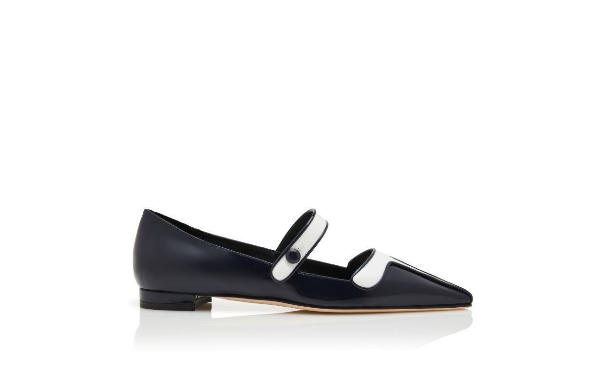 GANEUSFLAT Navy Blue and White Patent Leather Mary Jane Flat Pumps Product Image