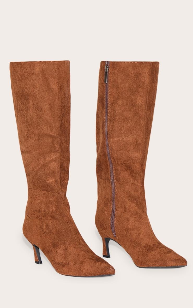 Chocolate Faux Suede Point Toe Mid Heeled Knee High Boots Product Image