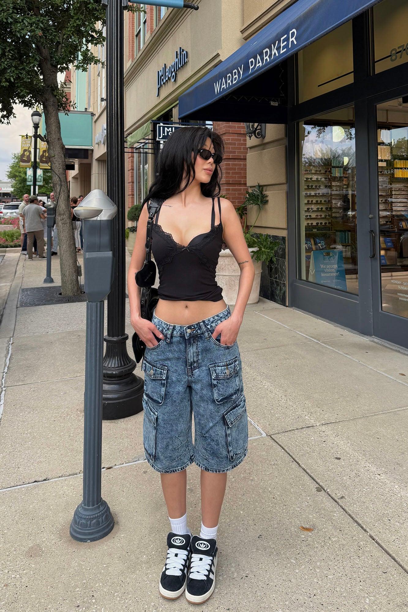 Frankie Acid Wash Cargo Denim Jorts - Medium Wash Product Image