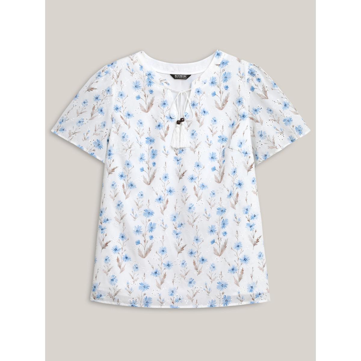 Plus Size LightBlue Cotton Embroidered Tassel Tie Flowy Blouse Women Short sleeve Flat collar with V-notch Vacation Blouses BloomChic 18-20/2X Product Image
