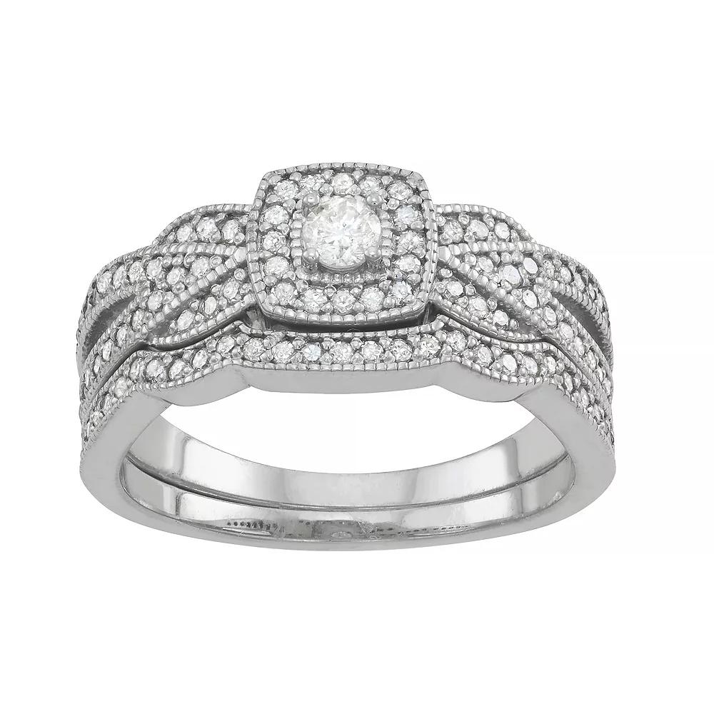 Tiara Sterling Silver 1/2 Carat T.W. Diamond Halo Engagement Ring Set, Womens Product Image