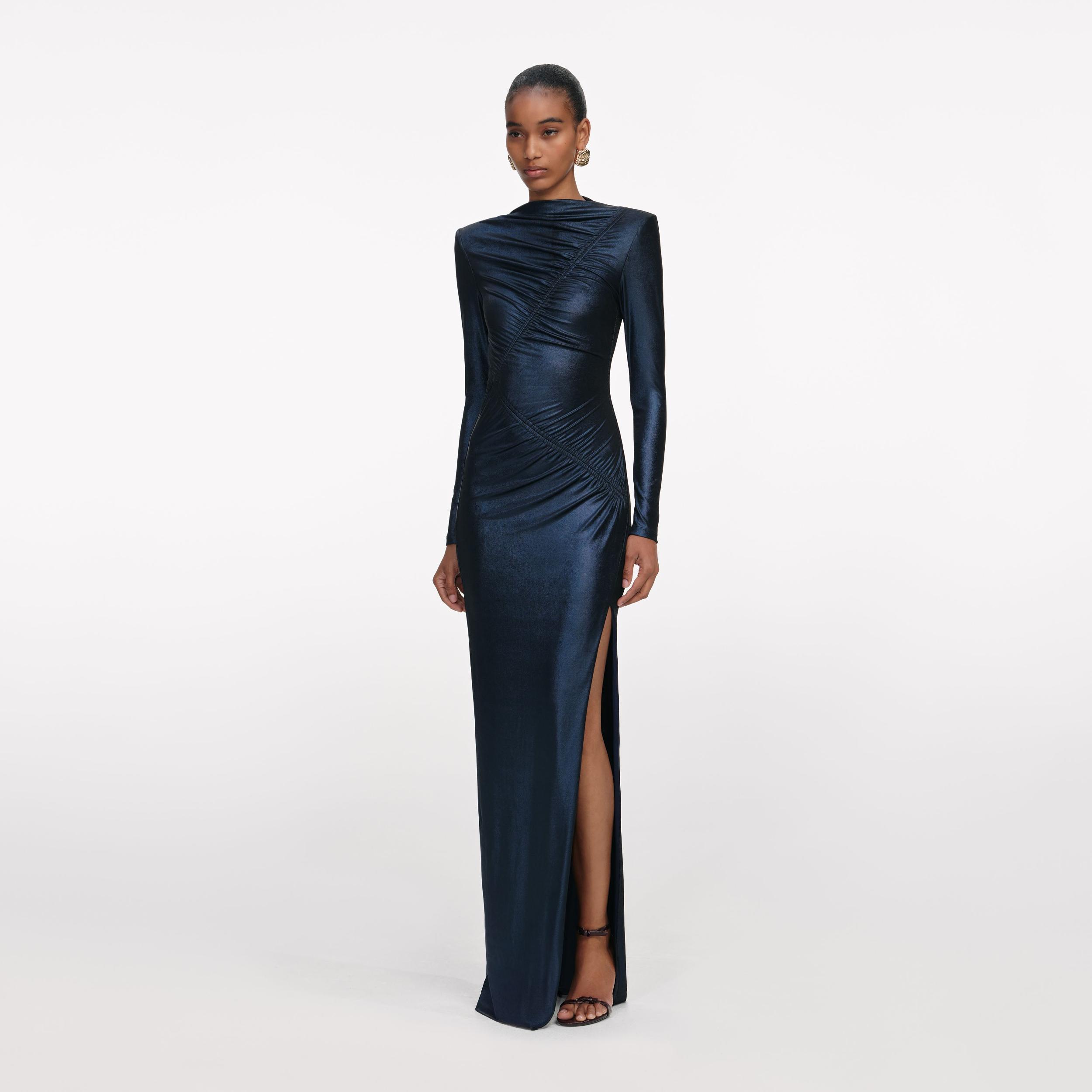 Navy Metallic Gathered Maxi Dress Product Image