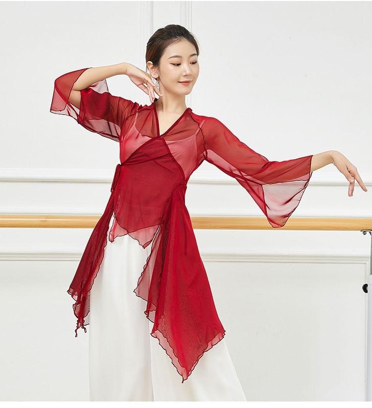 Flared-Sleeve V-Neck Plain Asymmetrical Dance Top Product Image