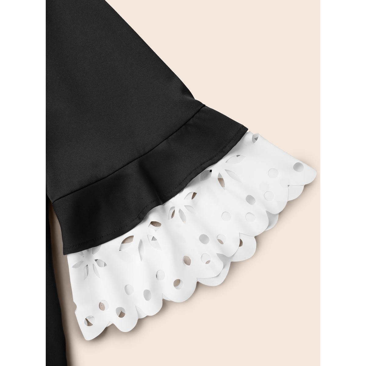 Plus Size Black Laser Cut Color Contrast V-Neck Blouse Women At the Office Elbow-length sleeve V-neck Work Blouses BloomChic 18-20/2X Product Image