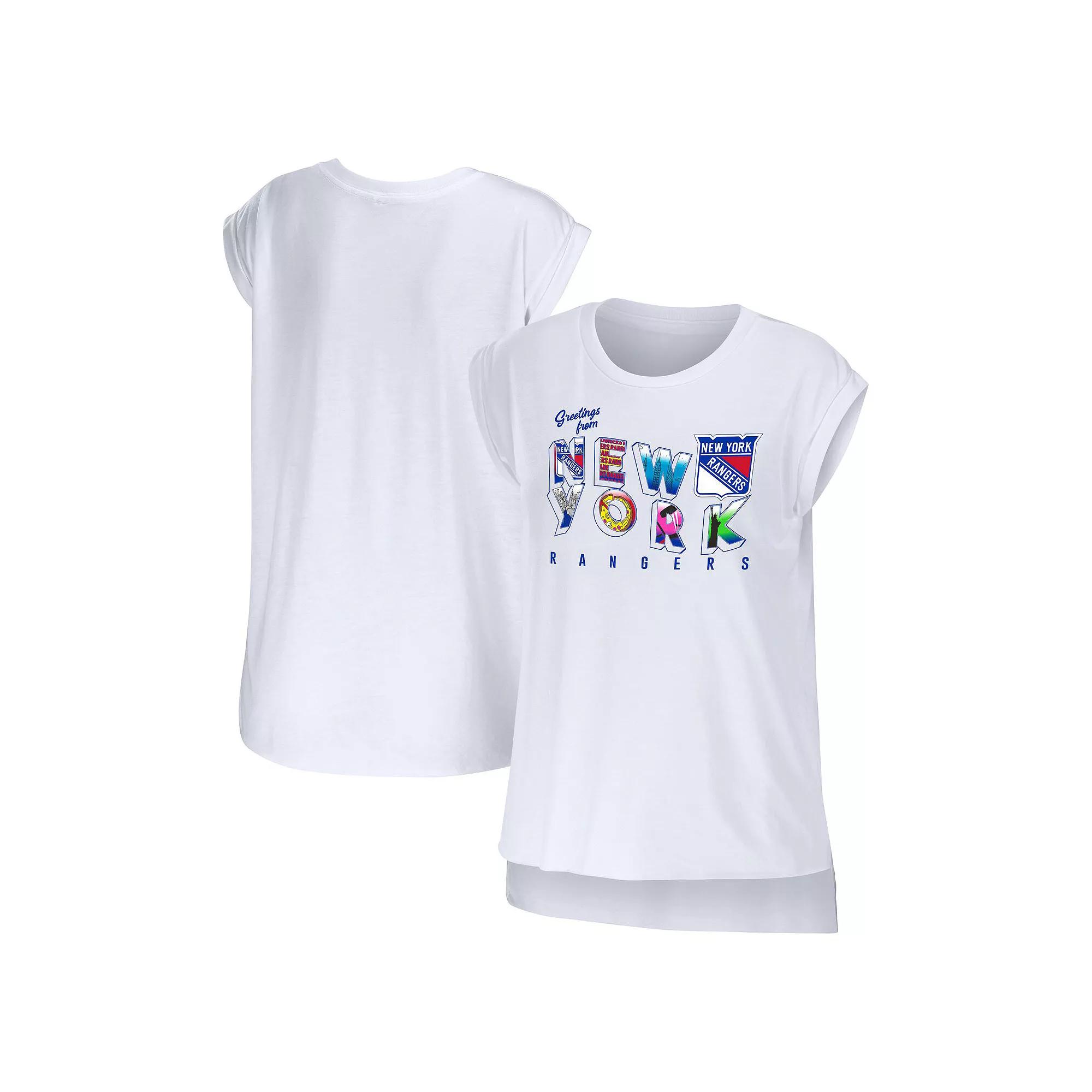 Women's WEAR by Erin Andrews White New York Rangers Greetings From Muscle T-Shirt,  Product Image